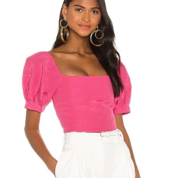 Alice + Olivia Joslyn Puff Sleeve Cropped Top in Wild Pink Size 2 - Picture 2 of 14